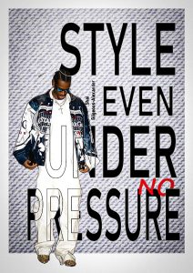 Affiche de mode de Shai Gilgeous-Alexander devant un fond texturé et le texte “STYLE EVEN UNDER NO PRESSURE”, réalisée sur Photoshop.