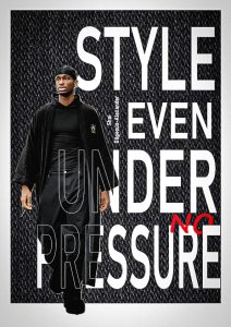 Affiche de mode de Shai Gilgeous-Alexander devant un fond texturé et le texte “STYLE EVEN UNDER NO PRESSURE”, réalisée sur Photoshop.