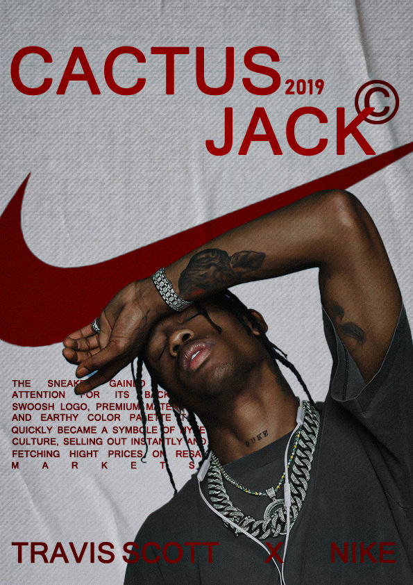 Affiche streetwear de Travis Scott posant devant un grand swoosh rouge et le texte “CACTUS JACK 2019” et “TRAVIS SCOTT X NIKE”, réalisée sur Photoshop.