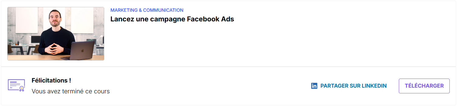 Diplôme de certification de la formation Facebook ADS proposée par Openclassrooms