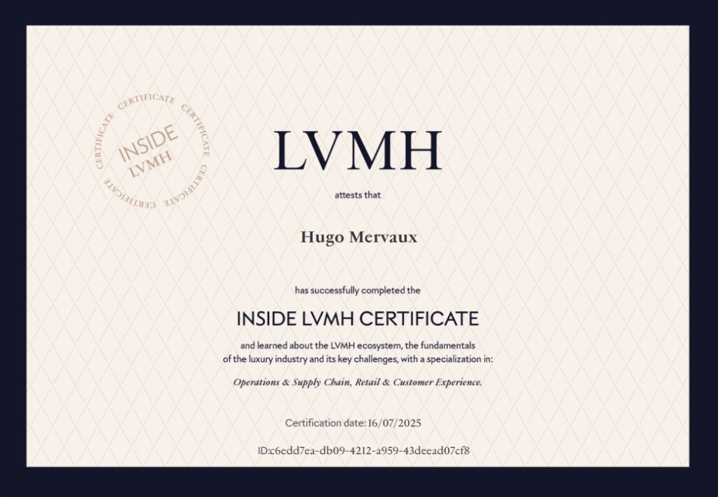 Diplôme officiel de certification LVMH attestant de compétences dans l’univers du luxe, de la mode et des métiers du groupe LVMH.