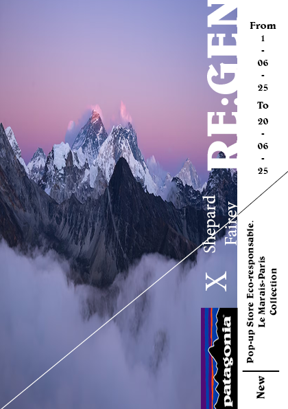 Flyer fictif mettant en avant la marque Patagonia et l'ouverture d'un pop up store