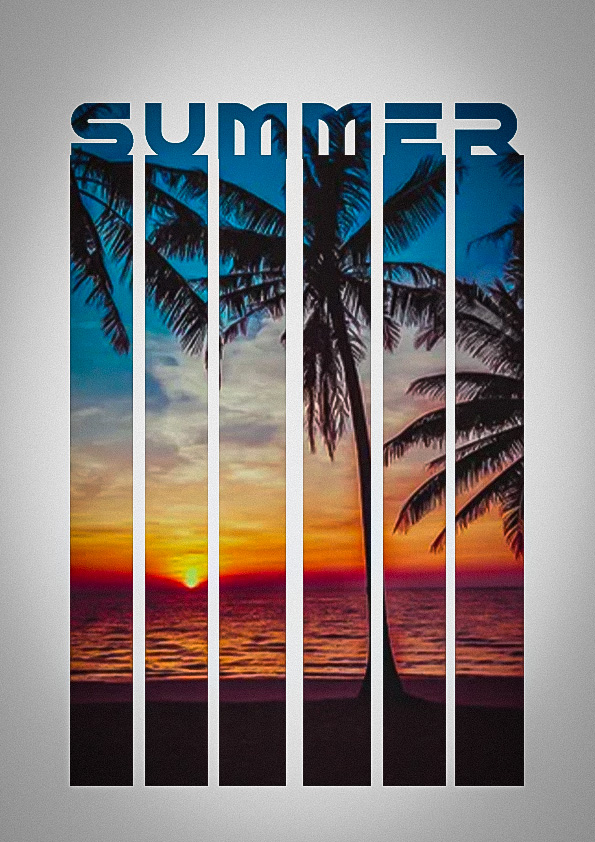 Affiche graphique estivale représentant un coucher de soleil sur la mer avec des palmiers, intégrée dans une typographie “SUMMER”, réalisée sur Photoshop.