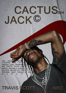 Affiche streetwear de Travis Scott posant devant un grand swoosh rouge et le texte “CACTUS JACK 2019” et “TRAVIS SCOTT X NIKE”, réalisée sur Photoshop.