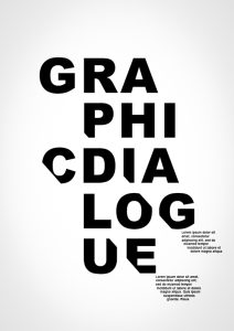 Affiche typographique minimaliste en noir et blanc avec le mot « GRAPHIC DIALOGUE » composé de lettres découpées, réalisée sur Photoshop.